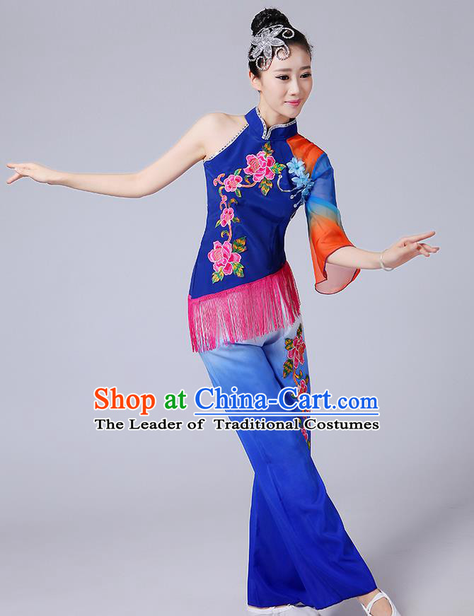 Traditional Chinese Yangge Fan Dancing Costume, Folk Dance Yangko Mandarin Sleeve Blouse and Pants Uniforms, Classic Dance Elegant Dress Drum Dance Blue Clothing for Women