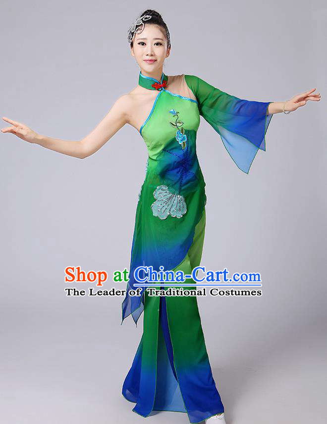 Traditional Chinese Yangge Fan Dancing Costume, Folk Dance Yangko Mandarin Sleeve Blouse and Pants Uniforms, Classic Dance Elegant Dress Drum Dance Green Clothing for Women
