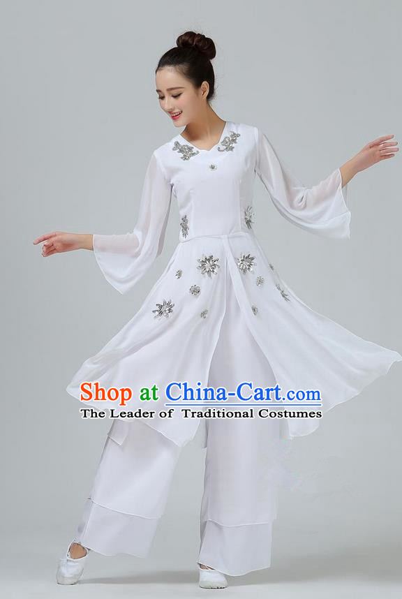 Traditional Chinese Yangge Fan Dancing Costume, Folk Dance Yangko Mandarin Sleeve Uniforms, Classic Umbrella Dance Elegant Big Swing Dress Drum Dance White Clothing for Women