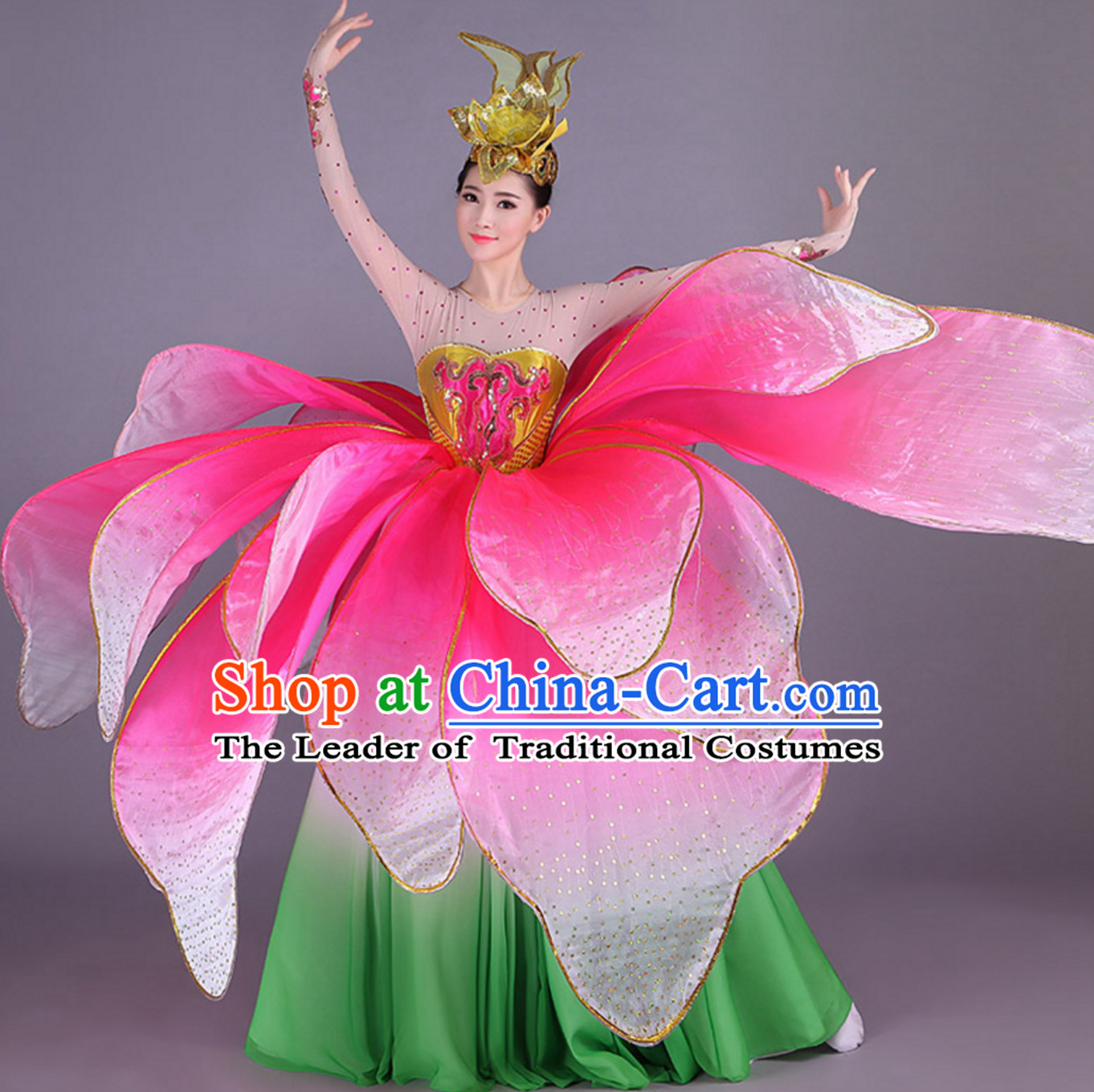 Green Chinese Professional Stage Performance Flower Dance Costumes Dancing Costume and Headgear Complete Set for Women