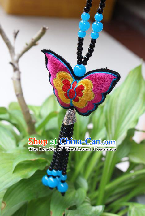 Traditional Chinese Miao Nationality Crafts Jewelry Accessory, Hmong Handmade Black Beads Tassel Double Side Embroidery Butterfly Pendant, Miao Ethnic Minority Necklace Accessories Sweater Chain Pendant for Women