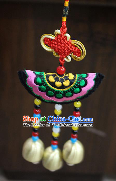 Traditional Chinese Miao Nationality Crafts Jewelry Accessory, Hmong Handmade Copper Bells Tassel Chinese Knot Embroidery Pendant, Miao Ethnic Minority Haven Evil Bell Car Accessories Pendant