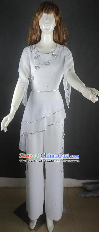 Traditional Chinese Yangge Fan Dancing Costume, Folk Dance Yangko Uniforms, Classic Umbrella Dance Elegant Big Swing Dress Drum Dance White Clothing for Women