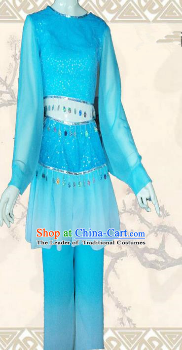 Traditional Chinese Yangge Fan Dancing Costume, Folk Dance Yangko Blouse and Pants Uniforms, Classic Umbrella Dance Elegant Dress Drum Dance Blue Clothing for Women