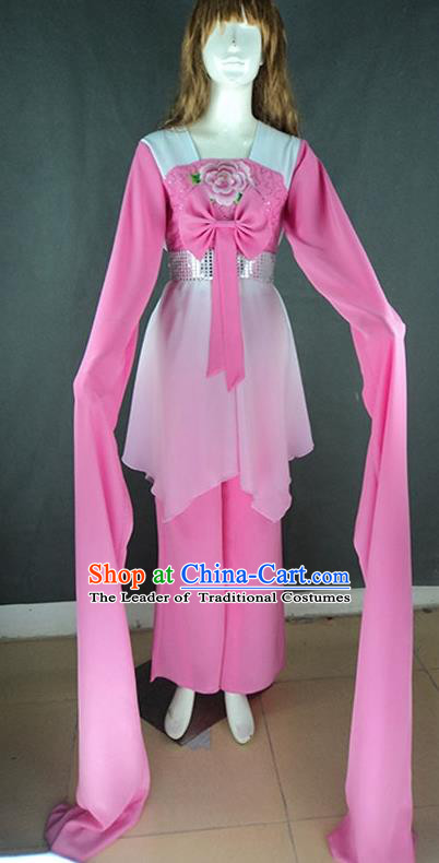 Traditional Chinese Ancient Yangge Fan Dancing Costume, Folk Dance Water Sleeve Uniforms, Classic Tang Dynasty Flying Dance Elegant Fairy Dress Drum Palace Dance Pink Clothing for Women