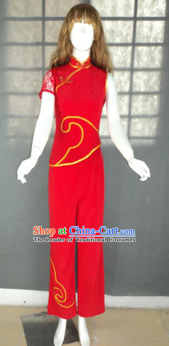 Traditional Chinese Yangge Fan Dancing Costume, Folk Dance Yangko Short Sleeve Uniforms, Classic Umbrella Dance Elegant Dress Drum Dance Red Clothing for Women