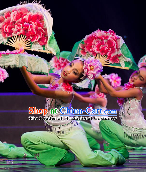 Traditional Chinese Yangge Fan Dancing Costume, Folk Dance Yangko Uniforms, Classic Lotus Dance Elegant Dress Drum Dance Clothing for Kids