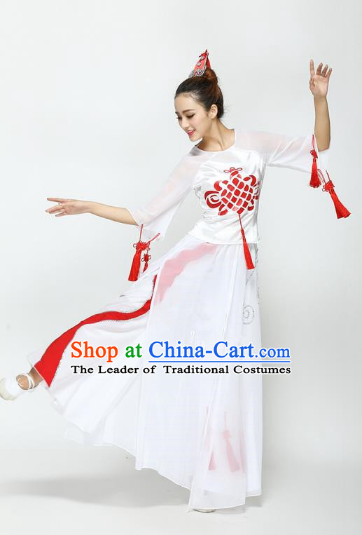 Traditional Chinese Yangge Fan Dancing Costume, Folk Dance Yangko Chinese Knot Tassel Uniforms, Classic Umbrella Dance Elegant Dress Drum Dance Clothing for Women