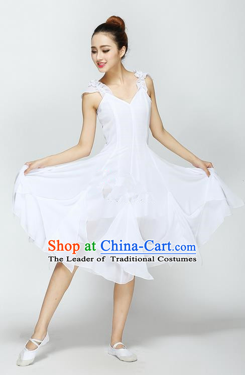Traditional Chinese Yangge Fan Dancing Costume, Folk Dance Yangko Uniforms, Classic Modern Dance Big Swing White Dress Elegant Drum Dance Clothing for Women