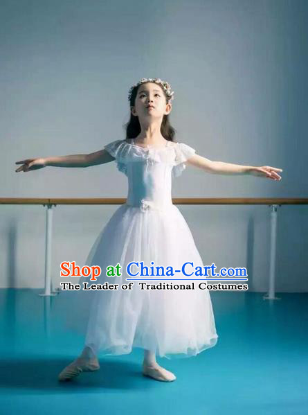 Traditional Modern Dancing Costume, Children Opening Classic Chorus Singing Group Dance Bubble Dress, Modern Dance Classic Ballet Dance White Veil Dress for Kids