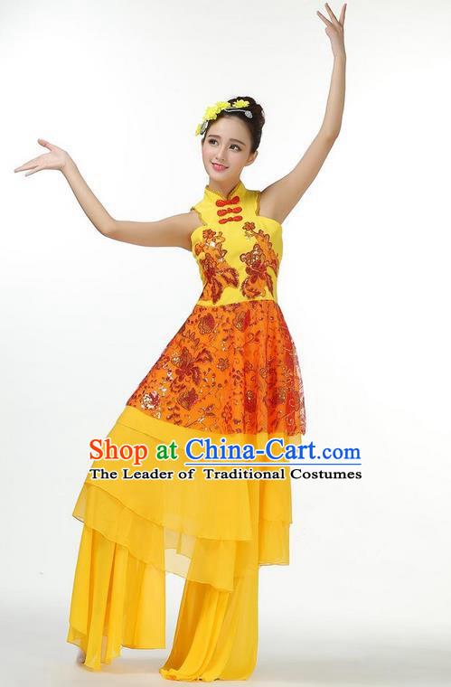 Traditional Chinese Yangge Fan Dancing Costume, Folk Dance Yangko Mandarin Sleeve Dress and Pants Butterfly Uniforms, Classic Lotus Dance Elegant Dress Drum Dance Gold Clothing for Women