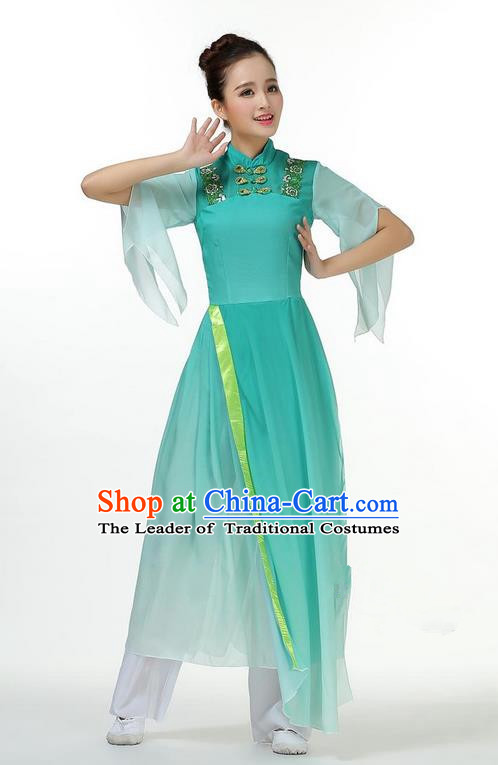 Traditional Chinese Yangge Fan Dancing Costume, Folk Dance Yangko Mandarin Sleeve Dress and Pants Butterfly Uniforms, Classic Lotus Dance Elegant Dress Drum Dance Green Clothing for Women