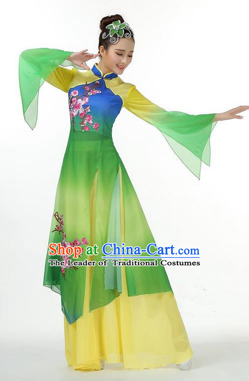 Traditional Chinese Yangge Fan Dancing Costume, Folk Dance Yangko Mandarin Sleeve Dress and Pants Plum Blossom Uniforms, Classic Umbrella Dance Elegant Dress Drum Dance Green Clothing for Women