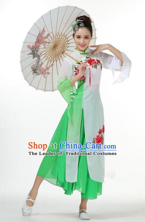 Traditional Chinese Yangge Fan Dancing Costume, Folk Dance Yangko Mandarin Sleeve Dress and Pants Peony Uniforms, Classic Umbrella Dance Elegant Dress Drum Dance Green Clothing for Women