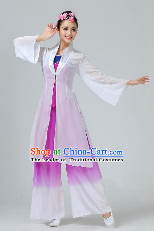 Traditional Chinese Yangge Fan Dancing Costume, Folk Dance Yangko Mandarin Sleeve Dress and Pants Uniforms, Classic Umbrella Lotus Dance Elegant Dress Drum Dance Purple Clothing for Women