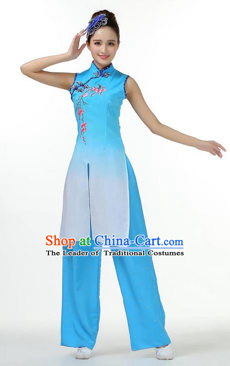 Traditional Chinese Yangge Fan Dancing Costume, Folk Dance Yangko Mandarin Collar Dress and Pants Plum Blossom Uniforms, Classic Umbrella Lotus Dance Elegant Dress Drum Dance Blue Clothing for Women