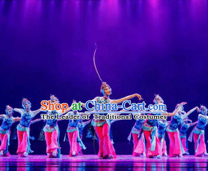 Traditional Chinese Ancient Yangge Fan Dancing Peking Opera Dance Costume, Folk Dance Performance Uniforms, Classic Tang Dynasty Flying Dance Elegant Fairy Dress Drum Palace Dance Clothing for Women