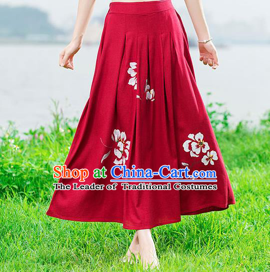 Traditional Ancient Chinese National Skirt Costume, Elegant Hanfu Painting Peony Long Dress, China Tang Suit Cotton Red Bust Skirt for Women