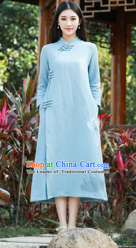 Traditional Ancient Chinese National Costume, Elegant Hanfu Hand Printing Linen Dress, China Tang Suit Cheongsam Upper Outer Garment Blue Elegant Dress Clothing for Women