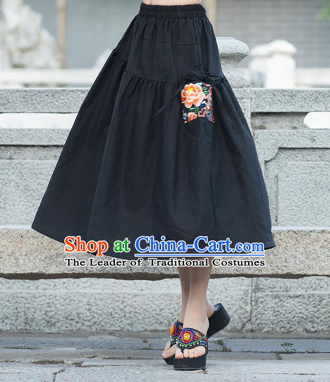 Traditional Ancient Chinese National Pleated Skirt Costume, Elegant Hanfu Embroidered Peony Long Dress, China Tang Suit Cotton Black Bust Skirt for Women
