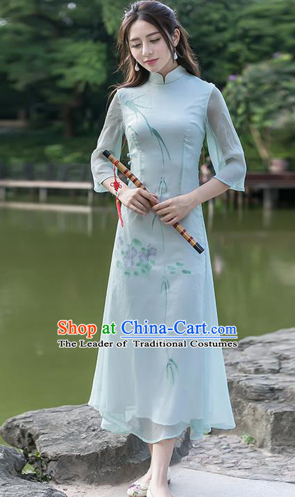 Traditional Ancient Chinese National Costume, Elegant Hanfu Hand Printing Brocade Dress, China Tang Suit Cheongsam Upper Outer Garment Blue Elegant Dress Clothing for Women