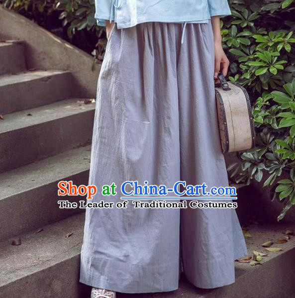 Traditional Ancient Chinese National Costume Loose Pants, Elegant Hanfu Pants, China Tang Suit Linen Grey Wide Leg Pants for Women