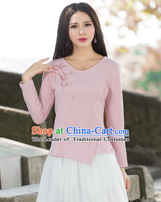 Traditional Ancient Chinese National Costume, Elegant Hanfu T-Shirt, China Tang Suit Round Collar Pink Base Blouse Cheongsam Upper Outer Garment Clothing for Women