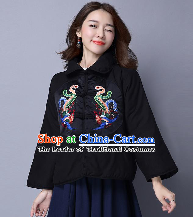 Traditional Ancient Chinese National Costume, Elegant Hanfu Coat, China Tang Suit Stand Collar Cotton-Padded Coat, Upper Outer Garment Embroidered Phoenix Black Jacket Clothing for Women