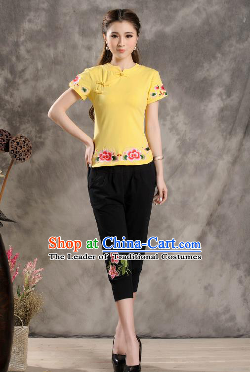 Traditional Ancient Chinese National Costume, Elegant Hanfu Shirt, China Tang Suit Embroidered Yellow Blouse Cheongsam Upper Outer Garment Clothing for Women