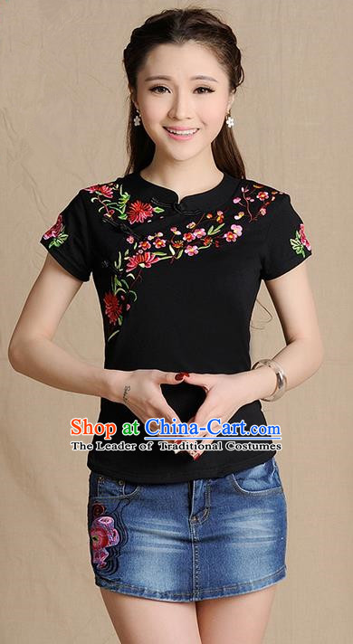Traditional Ancient Chinese National Costume, Elegant Hanfu Shirt, China Tang Suit Embroidered Peach Blossom Black Blouse Cheongsam Upper Outer Garment Clothing for Women