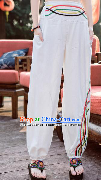 Traditional Ancient Chinese National Costume Plus Fours, Elegant Hanfu Embroidered Pants, China Tang Suit Cotton Bloomers White Trousers for Women