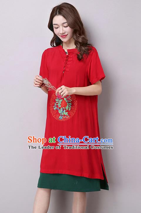 Traditional Ancient Chinese National Costume, Elegant Hanfu Stand Collar Embroidered Flax Dress, China Tang Suit Mandarin Collar Cheongsam Upper Outer Garment Red Dress Clothing for Women