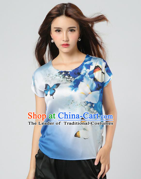 Traditional Ancient Chinese National Costume, Elegant Hanfu Mulberry Silk Shirt, China Tang Suit Silk Printing Butterfly Blue Blouse Cheongsam Upper Outer Garment Qipao Shirt Clothing for Women