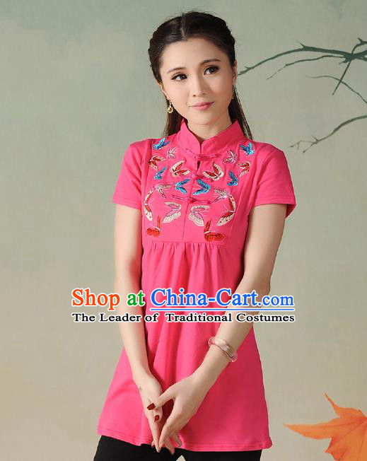 Traditional Ancient Chinese National Costume, Elegant Hanfu Embroidered Butterfly Stand Collar T-Shirt, China Tang Suit Pink Blouse Cheongsam Upper Outer Garment Qipao Shirts Clothing for Women