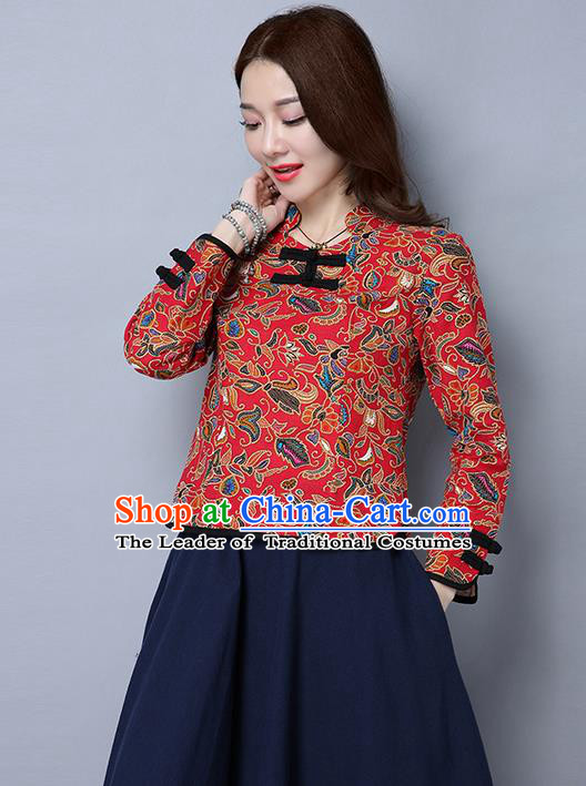 Traditional Ancient Chinese National Costume, Elegant Hanfu Plated Buttons Qipao Shirt, China Tang Suit Red Blouse Cheongsam Upper Outer Garment Shirts Clothing for Women