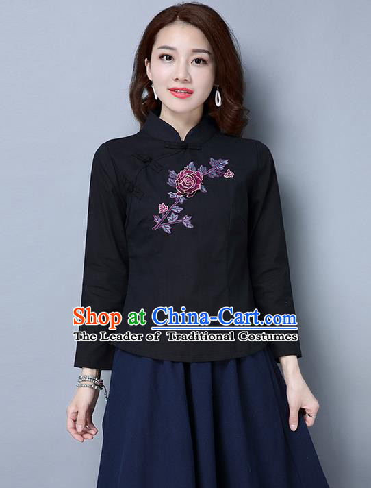 Traditional Ancient Chinese National Costume, Elegant Hanfu Embroidered Plated Buttons Shirt, China Tang Suit Embroidered Peony Black Blouse Cheongsam Upper Outer Garment Qipao Shirts Clothing for Women