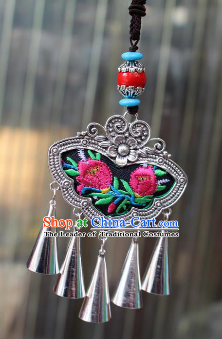 Traditional Chinese Miao Nationality Crafts Jewelry Accessory, Hmong Handmade Miao Silver Bells Tassel Double Side Embroidery Flowers Pendant, Miao Ethnic Minority Bells Black Rope Necklace Accessories Sweater Chain Pendant for Women