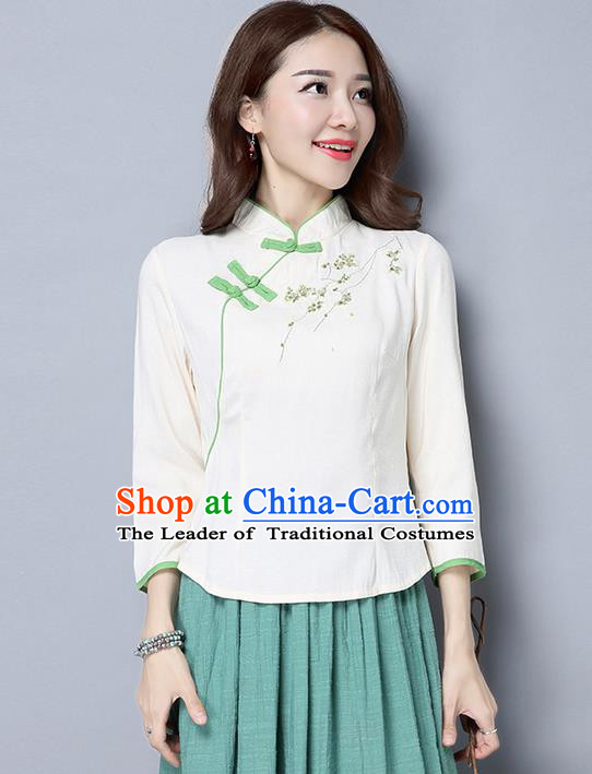 Traditional Ancient Chinese National Costume, Elegant Hanfu Stand Collar Plated Buttons Qipao T-Shirt, China Tang Suit Embroidered White Blouse Cheongsam Upper Outer Garment Shirts Clothing for Women