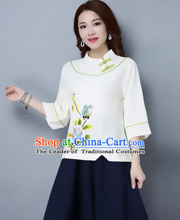 Traditional Ancient Chinese National Costume, Elegant Hanfu Stand Collar Plated Buttons Qipao T-Shirt, China Tang Suit Embroidered Beige Blouse Cheongsam Upper Outer Garment Shirts Clothing for Women