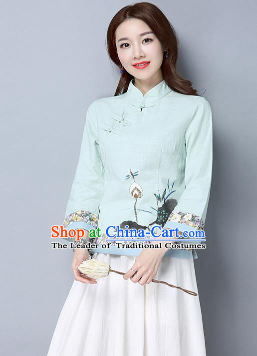 Traditional Ancient Chinese National Costume, Elegant Hanfu Stand Collar Plated Buttons Qipao T-Shirt, China Tang Suit Ink Painting Light Blue Blouse Cheongsam Upper Outer Garment Shirts Clothing for Women