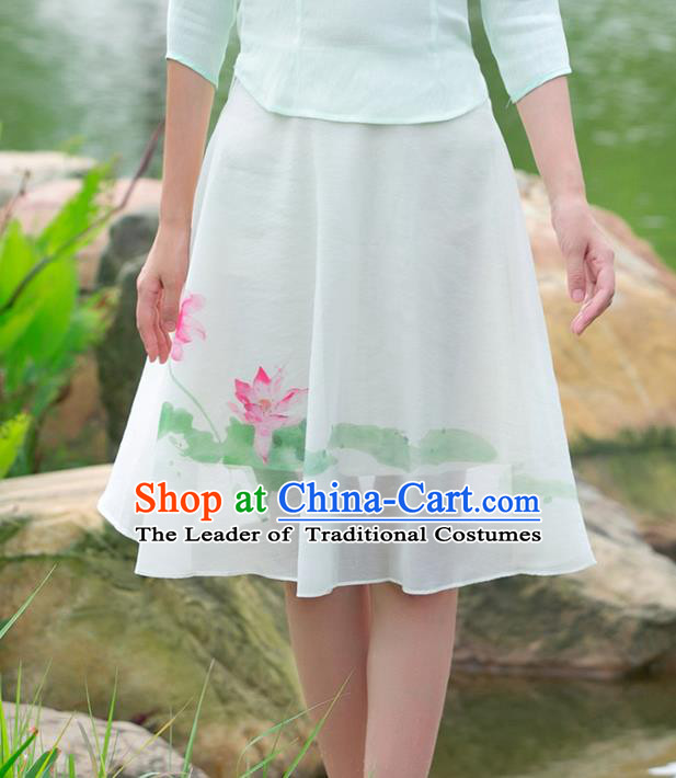 Traditional Ancient Chinese National Costume Pleated Skirt, Elegant Hanfu Printing Lotus Big Swing Short Dress, China Tang Suit Chiffon Bust Skirt for Women