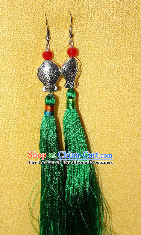 Traditional Chinese Miao Nationality Crafts Jewelry Accessory Classical Earbob Accessories, Hmong Handmade Miao Silver Kiss Fish Palace Lady Green Silk Tassel Earrings, Miao Ethnic Minority Eardrop for Women