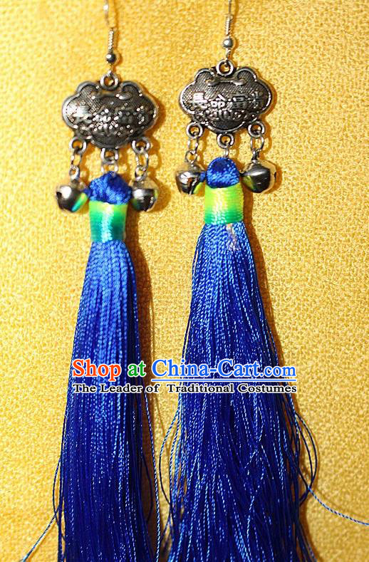 Traditional Chinese Miao Nationality Crafts Jewelry Accessory Classical Earbob Accessories, Hmong Handmade Miao Silver Longevity Lock Palace Lady Silk Tassel Earrings, Miao Ethnic Minority Eardrop for Women
