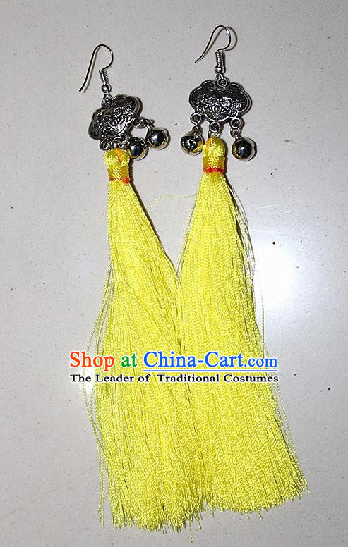 Traditional Chinese Miao Nationality Crafts Jewelry Accessory Classical Earbob Accessories, Hmong Handmade Miao Silver Longevity Lock Palace Lady Yellow Silk Tassel Earrings, Miao Ethnic Minority Eardrop for Women