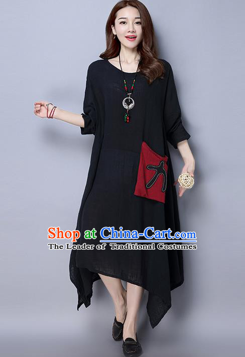 Traditional Ancient Chinese National Costume, Elegant Hanfu Linen Round Collar Black Dress, China Tang Suit Cheongsam Upper Outer Garment Elegant Dress Clothing for Women