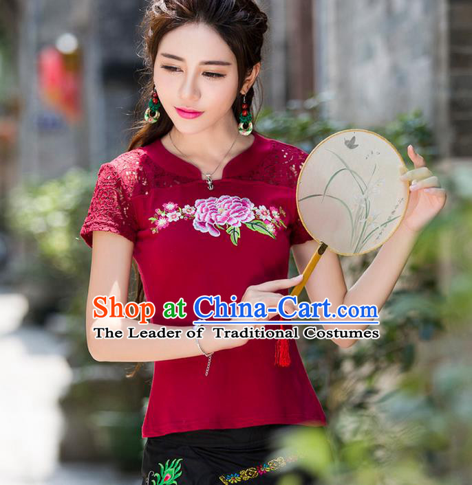 Traditional Ancient Chinese National Costume, Elegant Hanfu Embroidery Peony Flowers Lace Wine Red Shirt, China Tang Suit Blouse Cheongsam Upper Outer Garment Qipao Shirts Clothing for Women