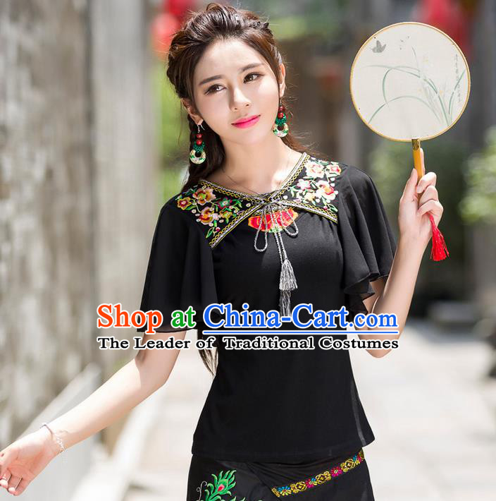 Traditional Ancient Chinese National Costume, Elegant Hanfu Embroidered Flowers T-Shirt, China Tang Suit Lotus Sleeve Chiffon Blouse Cheongsam Qipao Shirts Clothing for Women