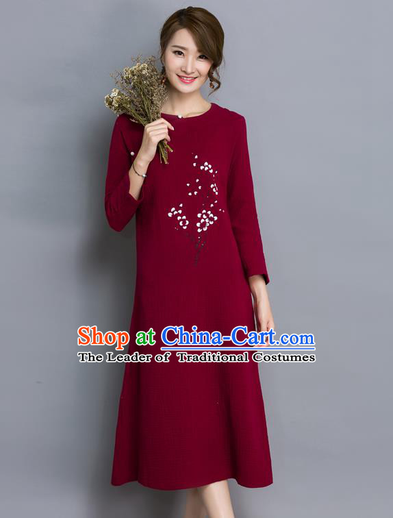 Traditional Ancient Chinese National Costume, Elegant Hanfu Printing Flowers Linen Qipao Dress, China Tang Suit Wine Red Cheongsam Skirt Upper Outer Garment Elegant Dress Clothing for Women