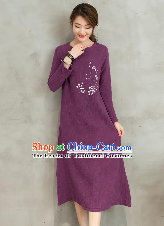 Traditional Ancient Chinese National Costume, Elegant Hanfu Printing Flowers Linen Qipao Dress, China Tang Suit Purple Cheongsam Skirt Upper Outer Garment Elegant Dress Clothing for Women