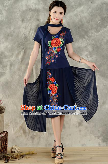 Traditional Ancient Chinese National Costume, Elegant Hanfu Embroidered Peony Halter Tops Navy T-Shirt, China Tang Suit Short Sleeve Blouse Cheongsam Qipao Shirts Clothing for Women